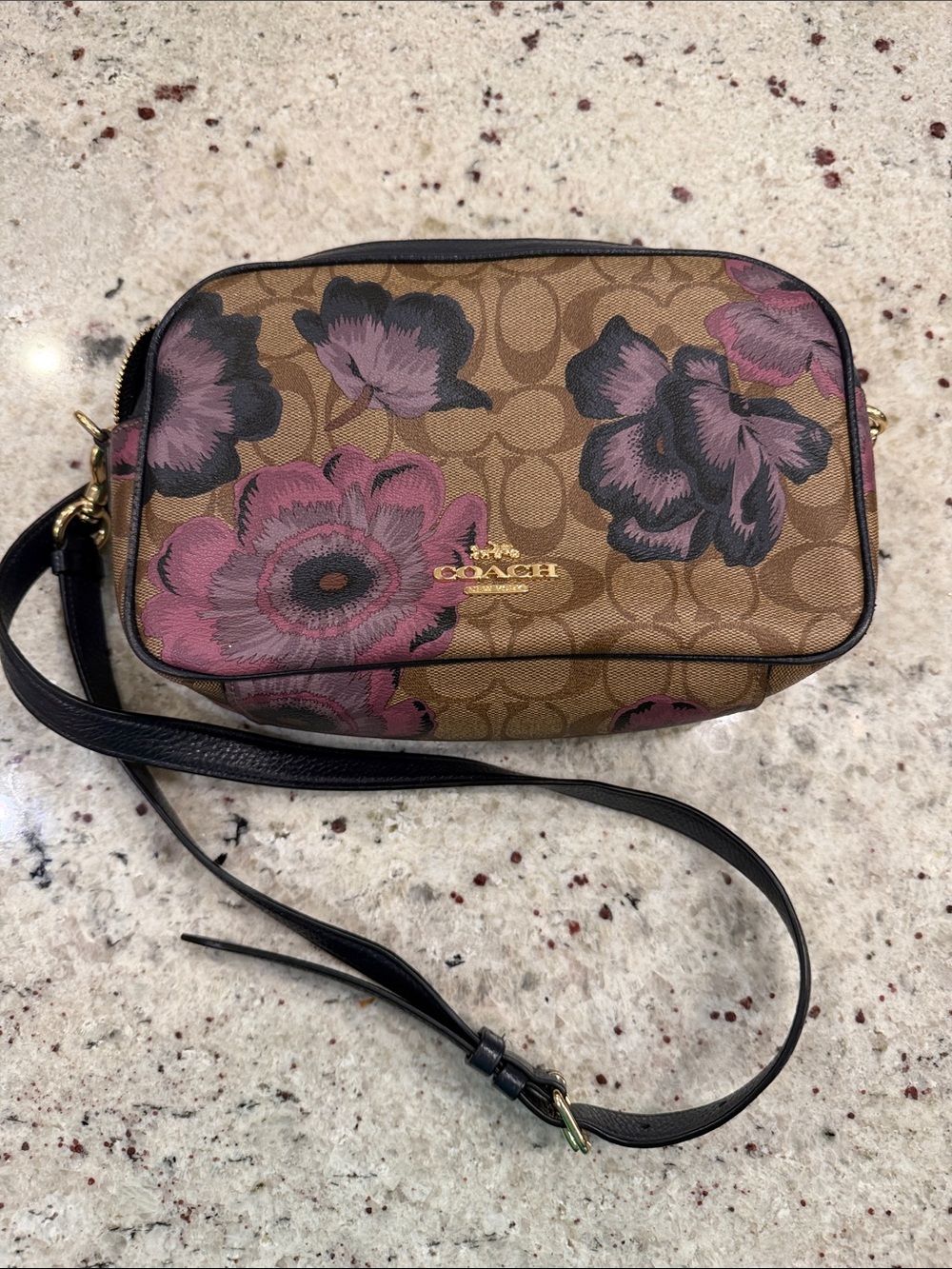 COACH Brown Signature Crossbody with Pink Floral Print